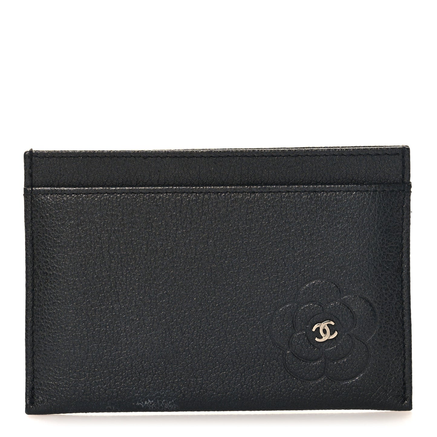 Goatskin Embossed Camellia Card Holder Black
