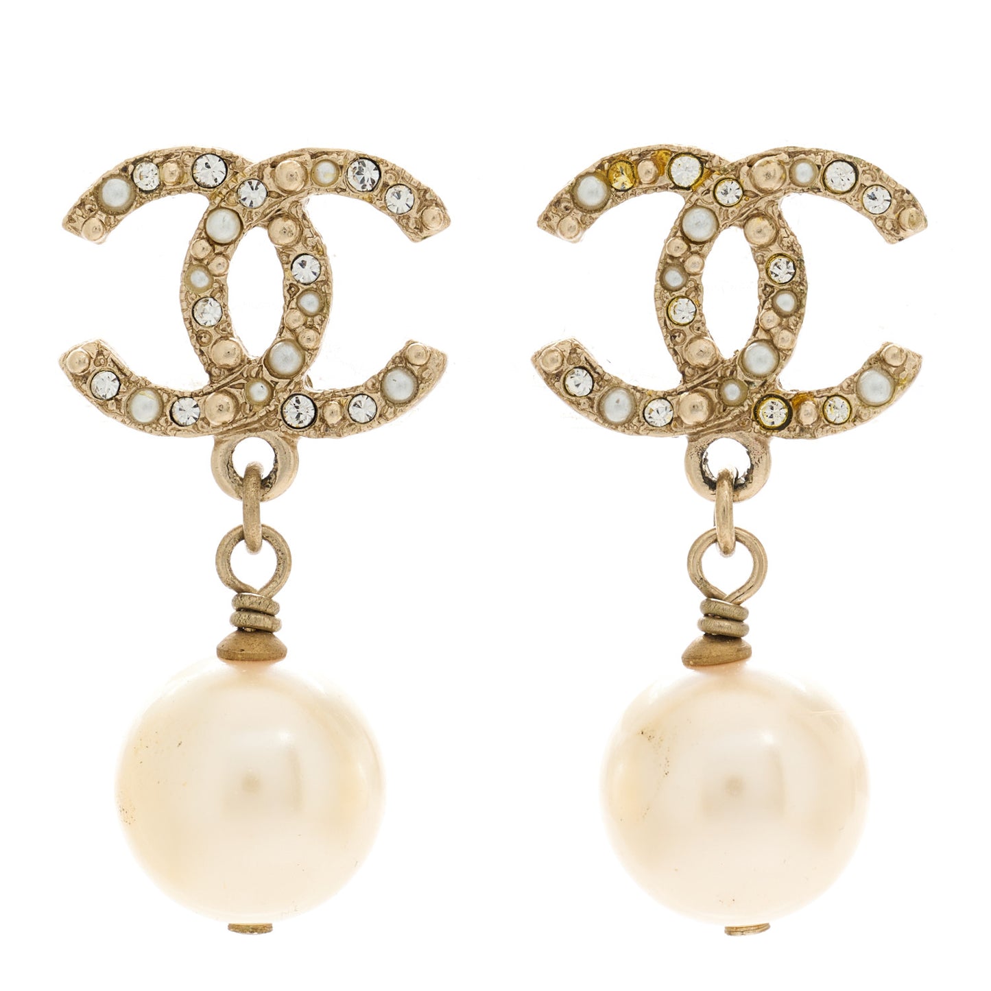 Crystal Pearl CC Drop Earrings Gold