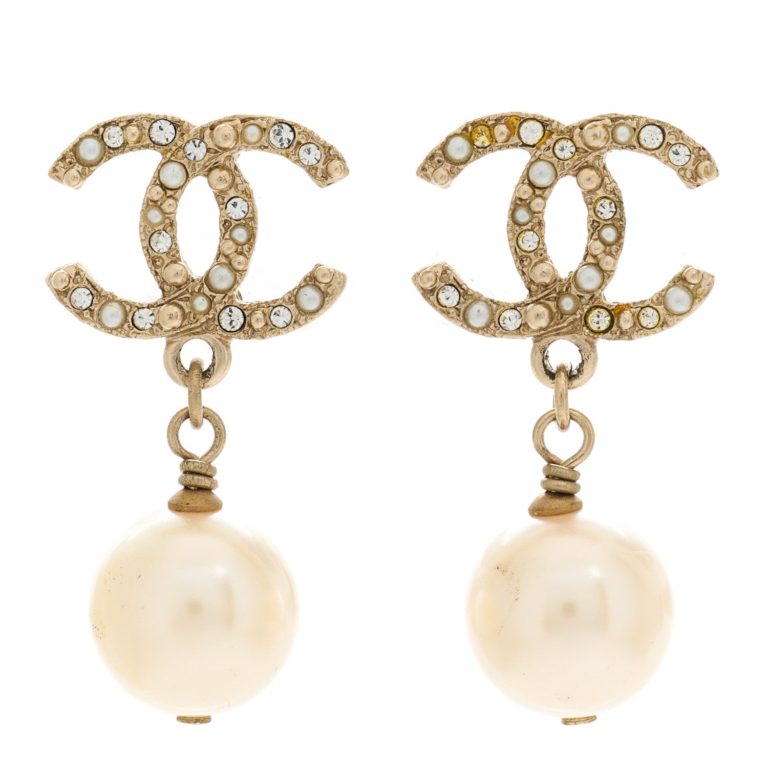 Chanel Crystal Pearl CC Drop Earrings Gold 1 of 5