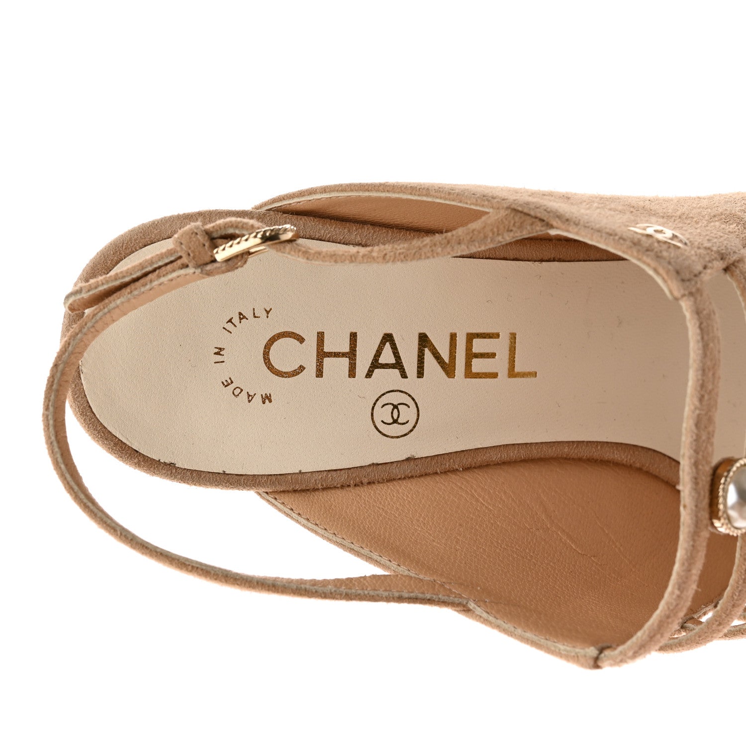Chanel Suede Pearl Open Toe Caged Sandals 37.5 Beige 7 of 13
