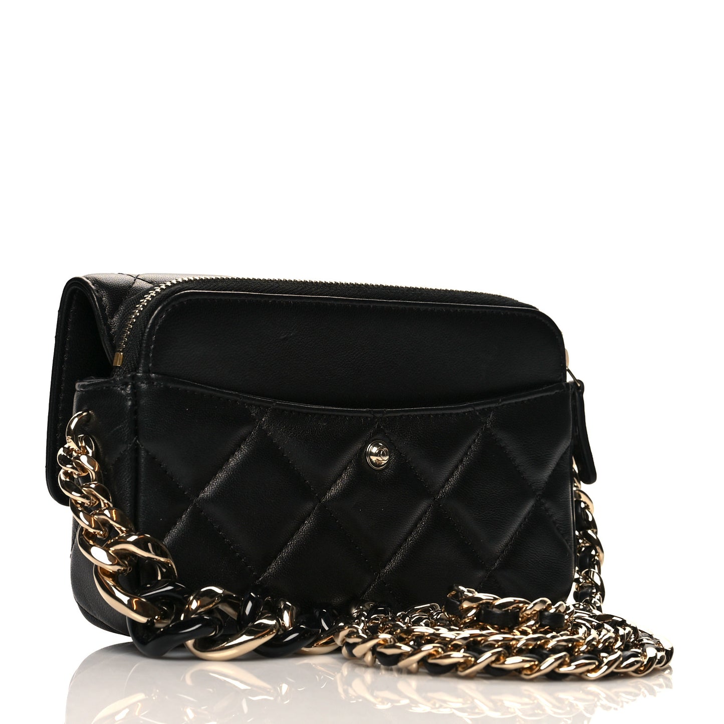 Lambskin Quilted Resin Bi-Color Flap Phone Holder With Chain Black