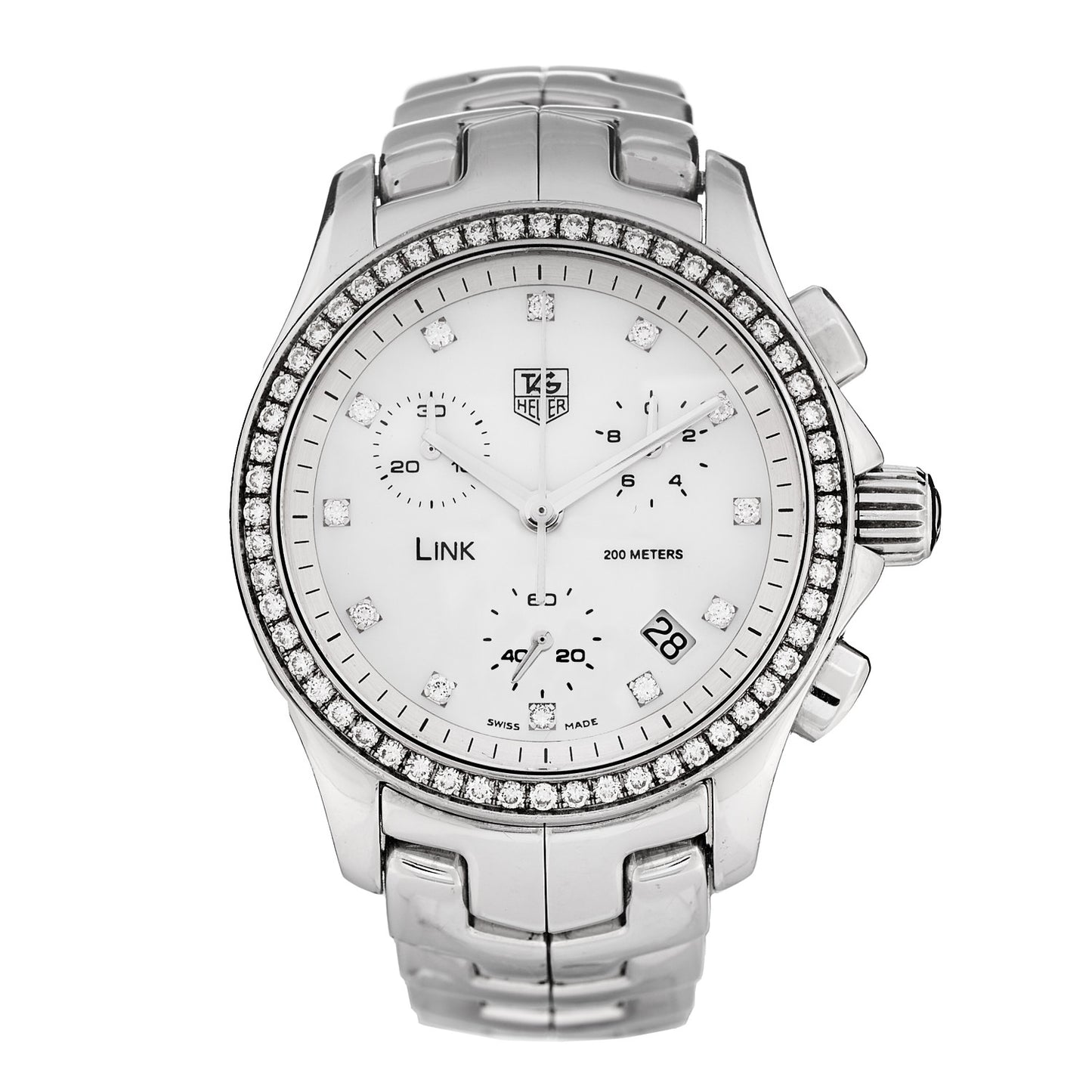 Stainless Steel Diamond Bezel Mother of Pearl 33mm Link Quartz Watch CFJ1314