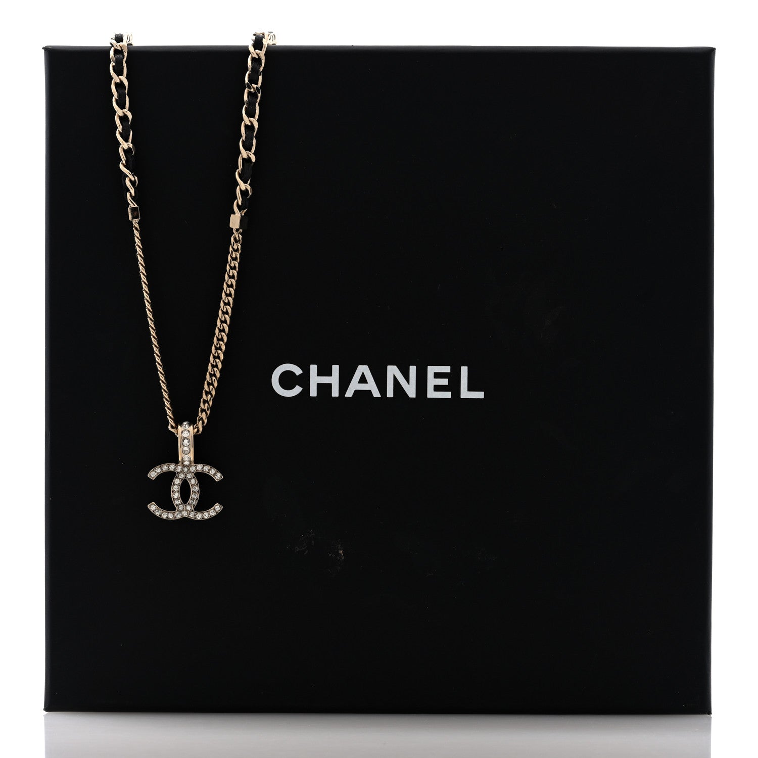 Chanel Lambskin Crystal CC Chain Pendant Necklace Black Gold