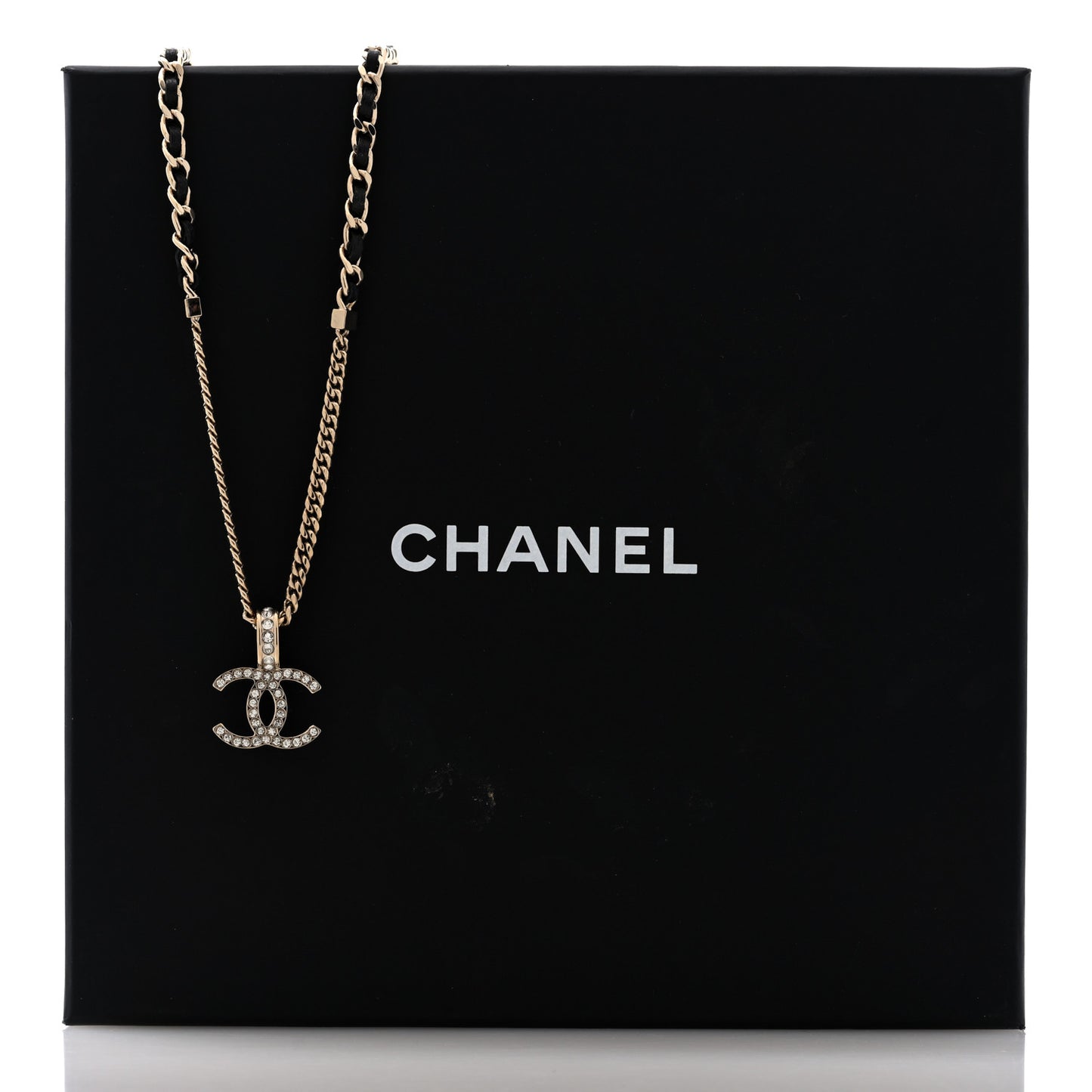 Lambskin Crystal CC Chain Pendant Necklace Black Gold