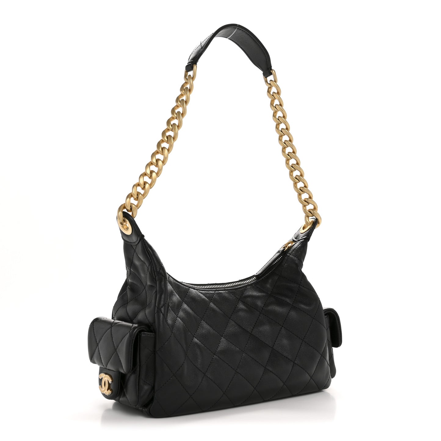 Shiny Lambskin Quilted Trendy Pockets Hobo Black