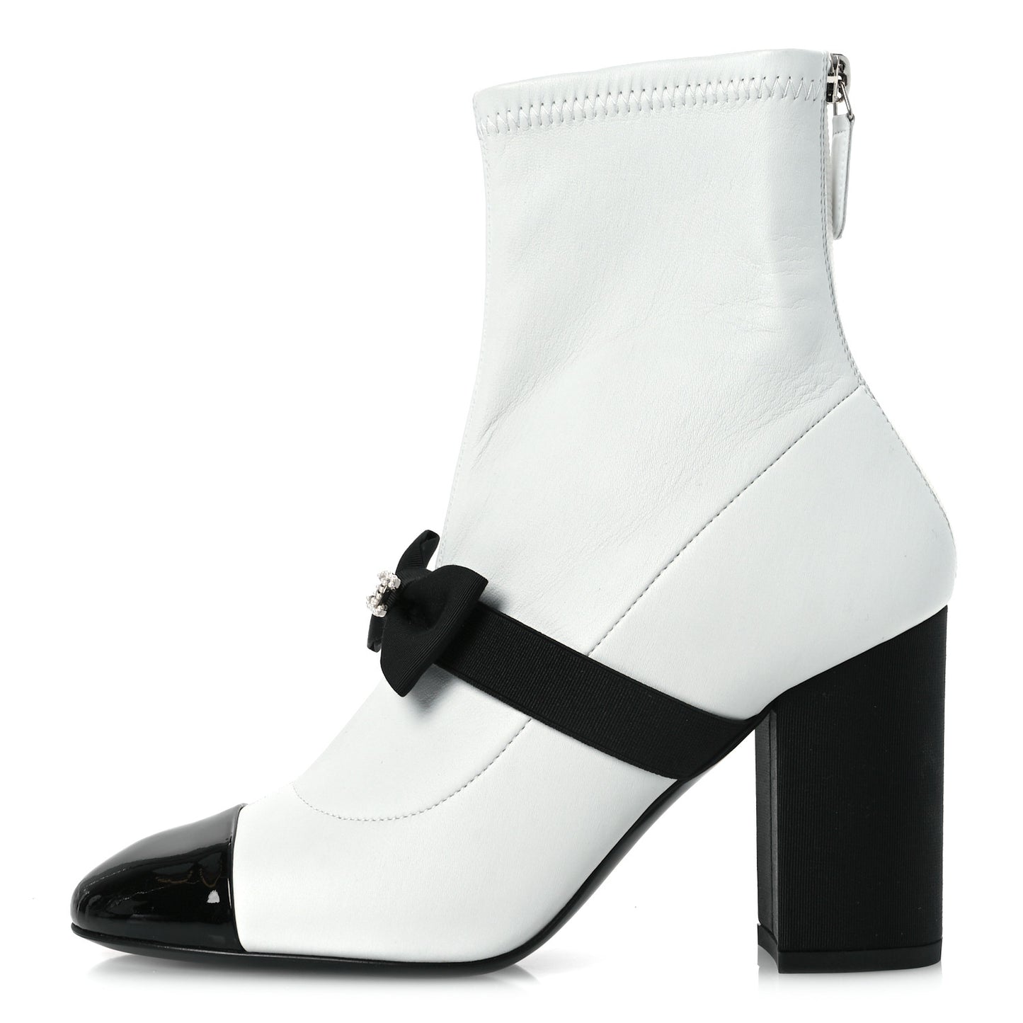 Stretch Lambskin Patent Calfskin Pearl CC Bow Cap Toe Short Boots 37 White Black