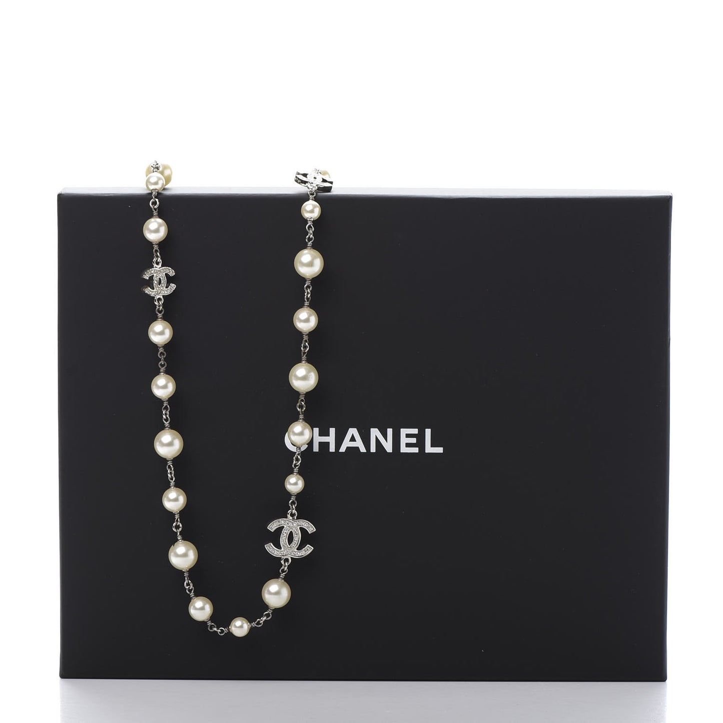 Crystal Pearl CC Long Necklace Silver