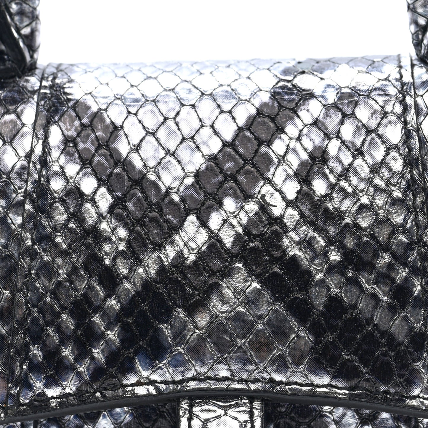 Shiny Calfskin Snakeskin Effect Hourglass Top Handle Bag Mini Silver Black
