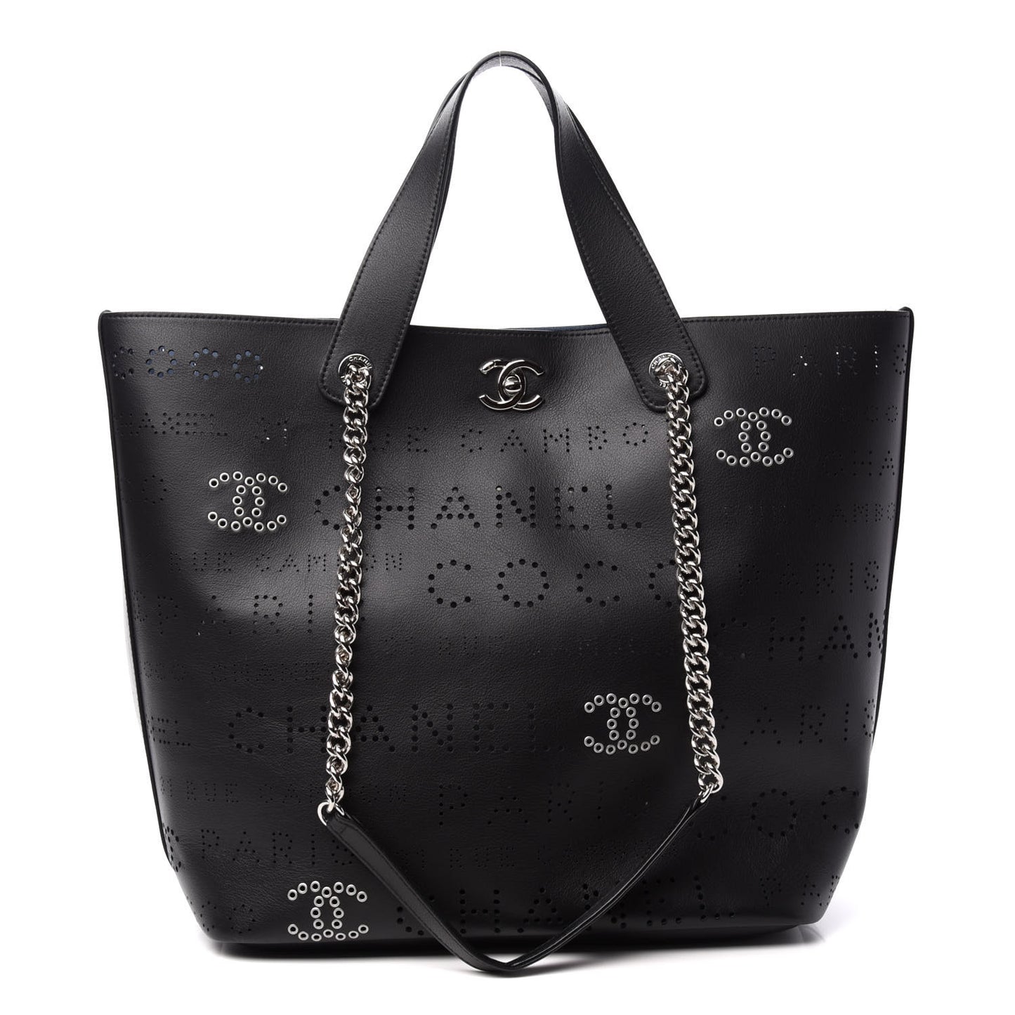 Calfskin Tweed Small Logo Eyelets Shopping Tote Black