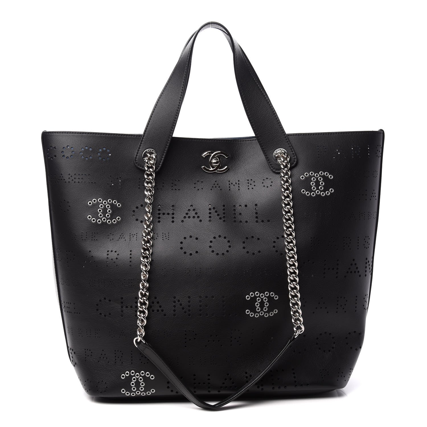 Chanel Calfskin Tweed Small Logo Eyelets Shopping Tote Black 1 of 11