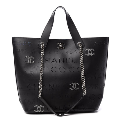 Chanel Calfskin Tweed Small Logo Eyelets Shopping Tote Black 1 of 11