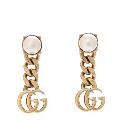 Gucci Metal Pearl Double G Chain Drop Earrings Gold 1 of 4