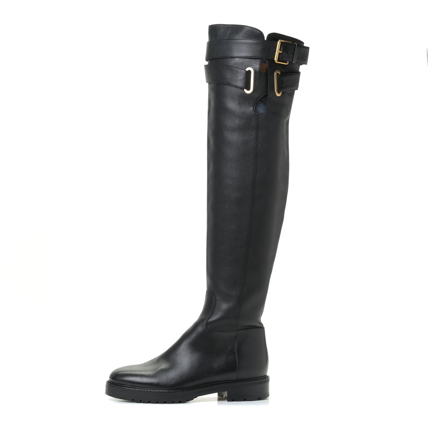 Valentino Garavani Calfskin Knee High Buckle Boots 37.5 Black 1 of 19