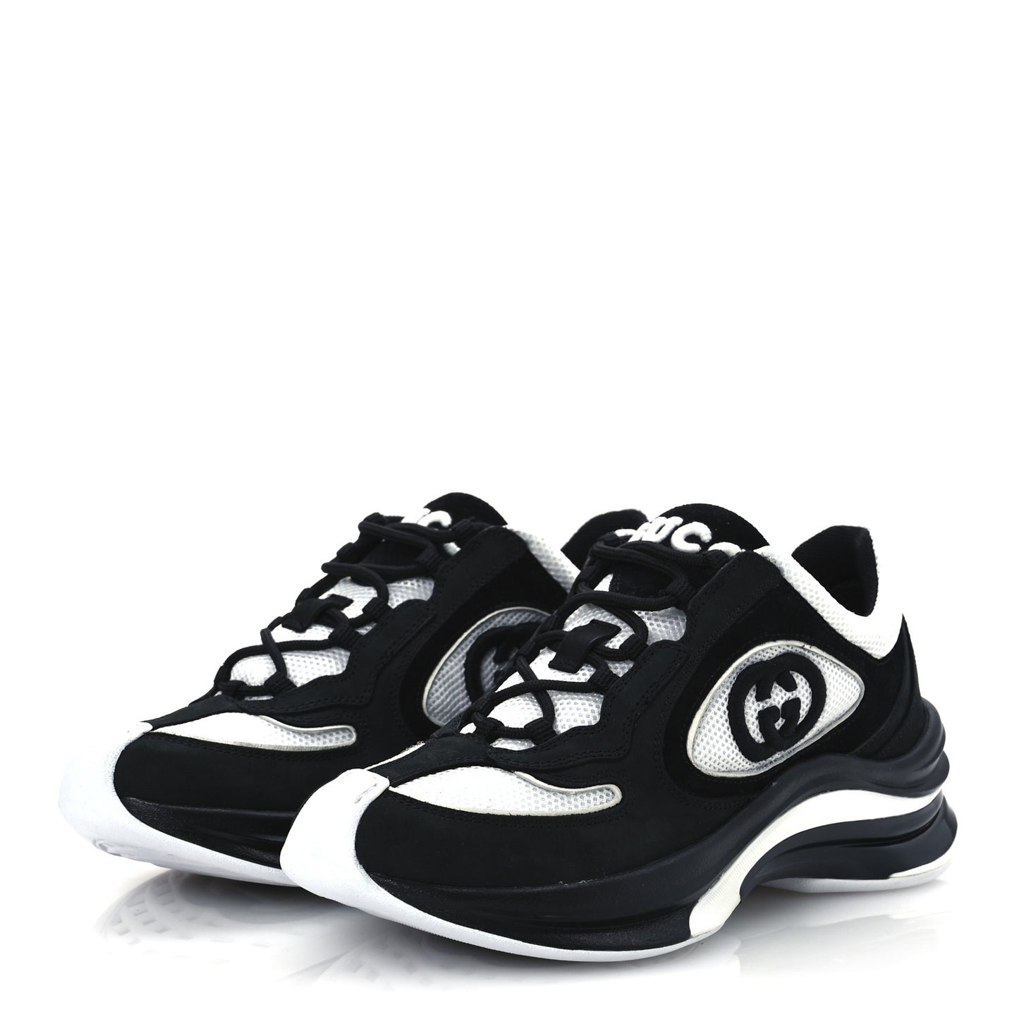 Technical Knit Fabric Suede Calfskin Womens Gucci Run Sneakers 35.5 Black White