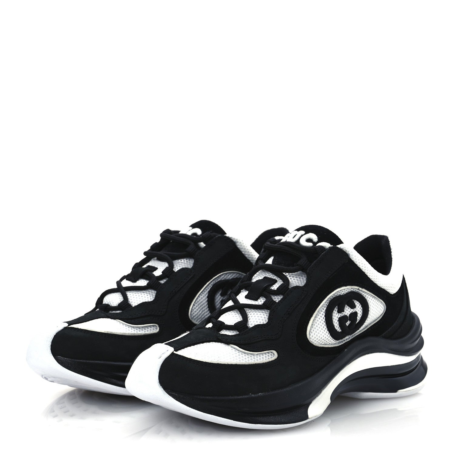Gucci Technical Knit Fabric Suede Calfskin Womens Gucci Run Sneakers 35.5 Black White 4 of 12