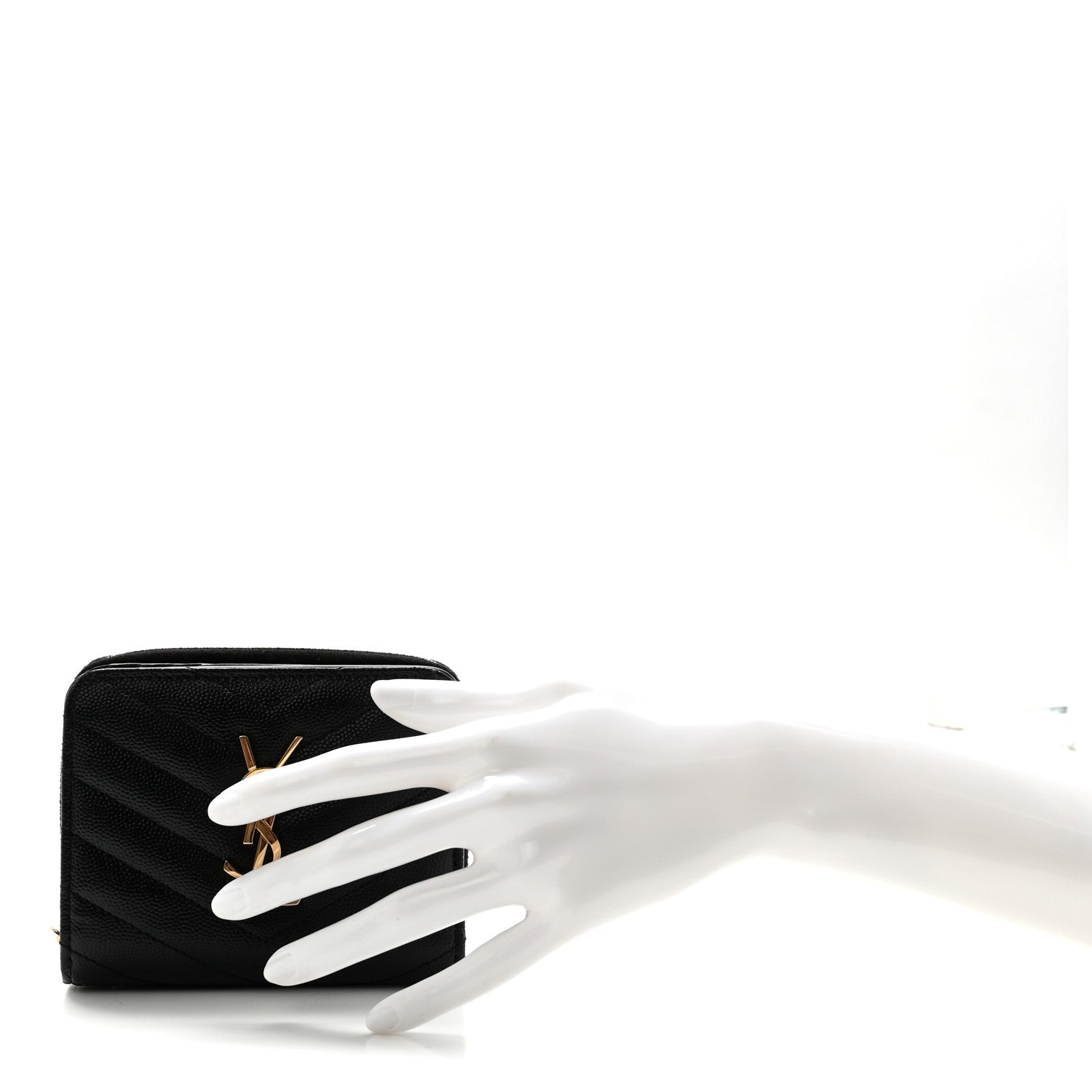 Saint Laurent Grain De Poudre Matelasse Chevron Monogram Compact Zip Around Wallet Black 2 of 6
