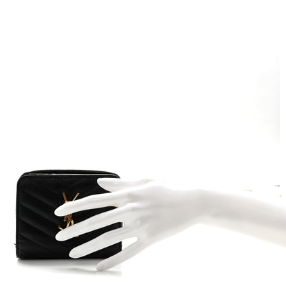 Saint Laurent Grain De Poudre Matelasse Chevron Monogram Compact Zip Around Wallet Black 2 of 6