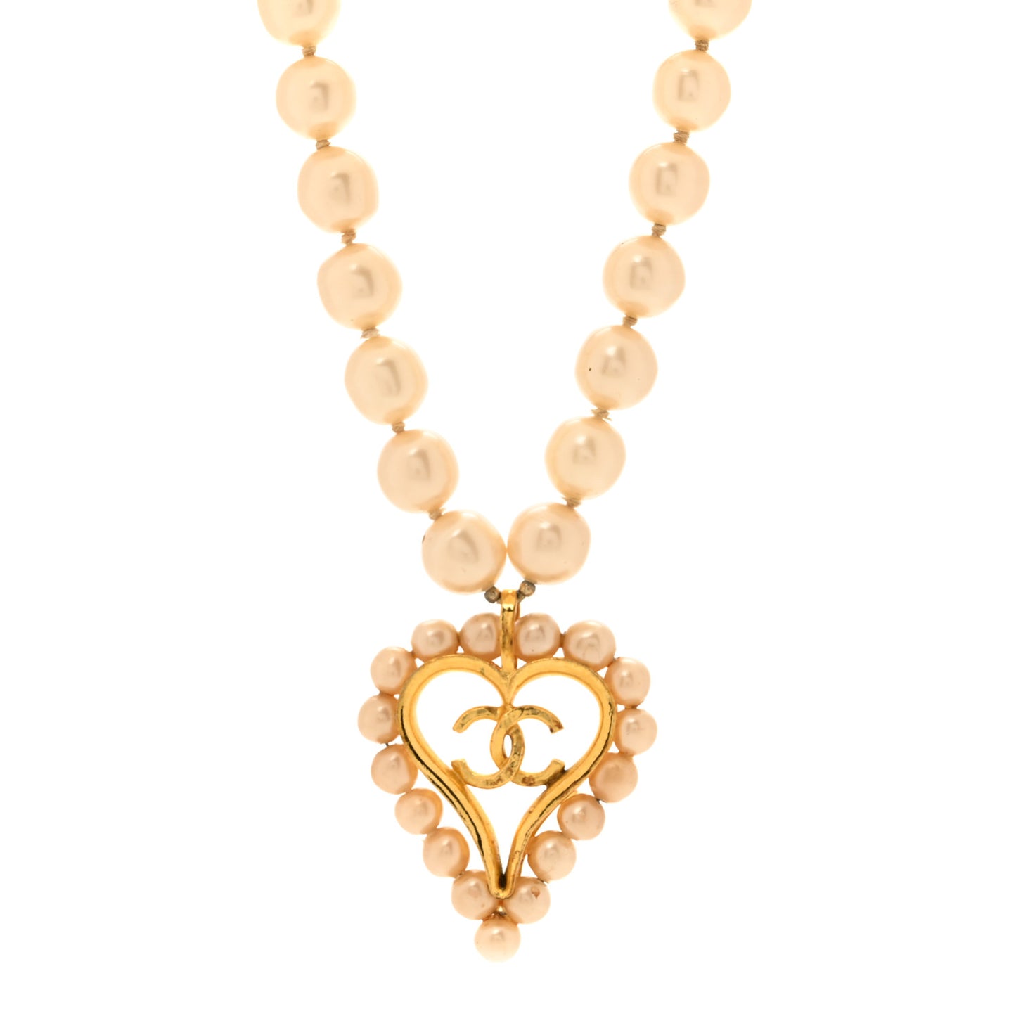 Pearl CC Heart Necklace Gold White
