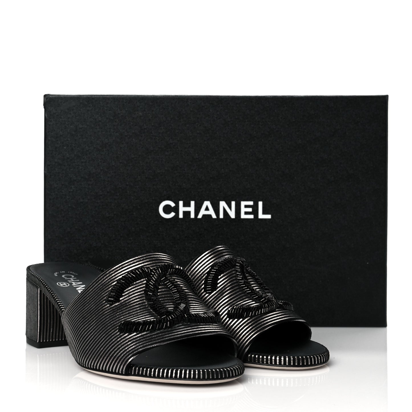 Calfskin Striped Beaded CC Mule Sandals 39 Black