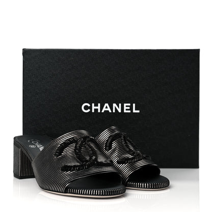 Chanel Calfskin Striped Beaded CC Mule Sandals 39 Black 11 of 11