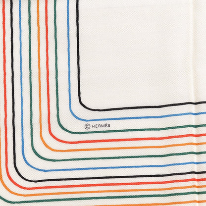 Hermes Cashmere Silk Pegase Paysage Shawl 140 Blanc Rouge Multicolor 7 of 8