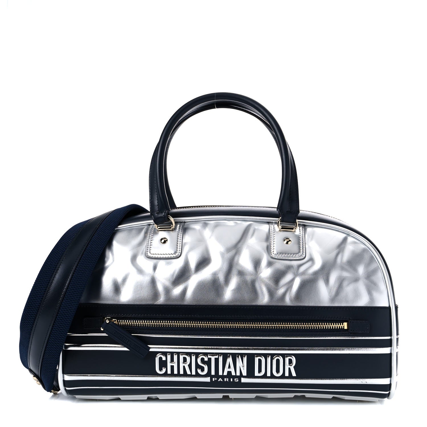 Christian Dior Padded Étoile Calfskin Embossed Medium Dior Vibe Zip Bowling Bag Silver Black 1 of 10