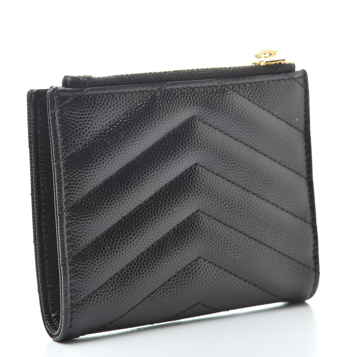 Saint Laurent Grain De Poudre Matelasse Chevron Monogram Zipped Card Case Black 3 of 7