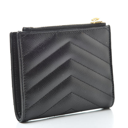 Saint Laurent Grain De Poudre Matelasse Chevron Monogram Zipped Card Case Black 3 of 7