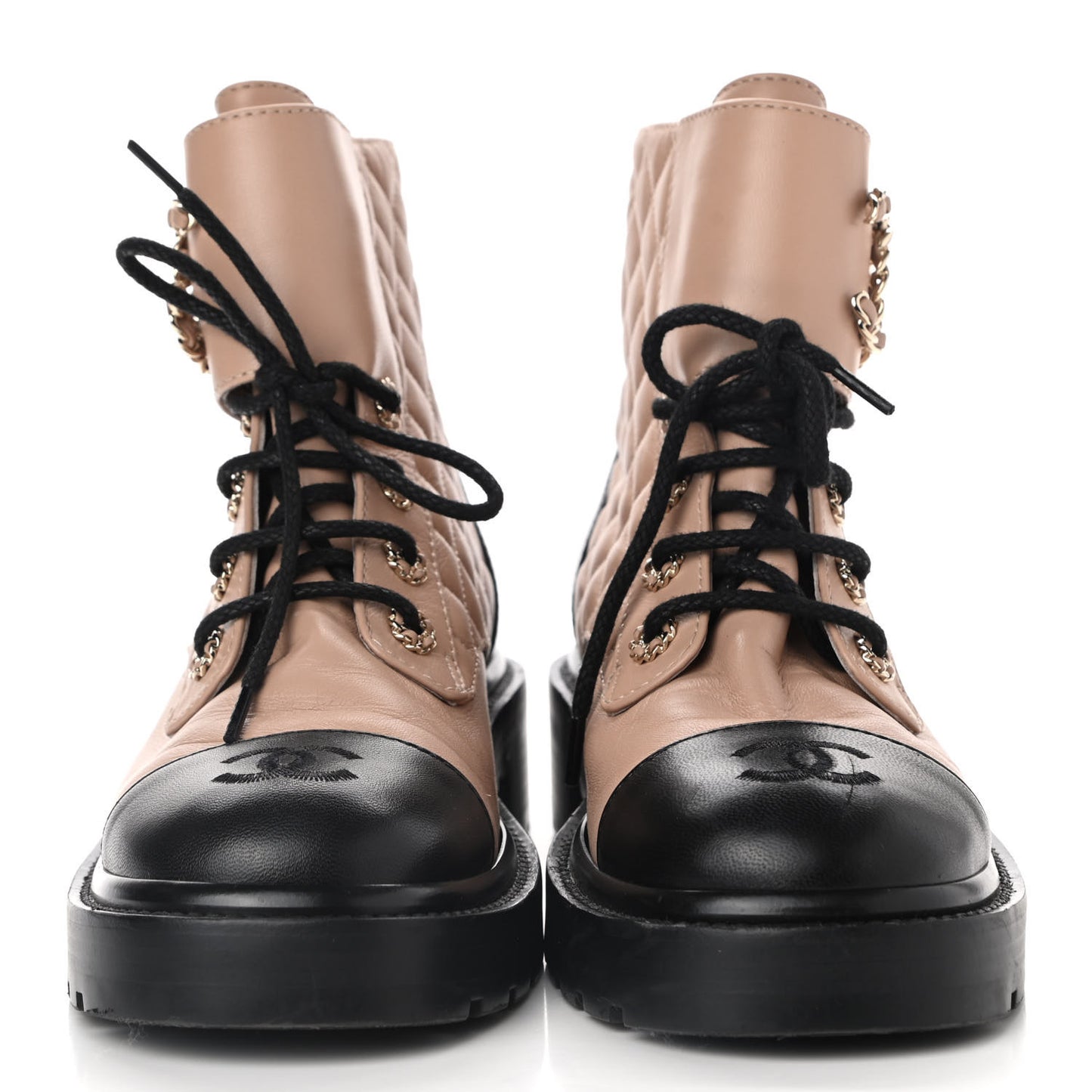 Shiny Lambskin Quilted Lace Up Combat Boots 38 Beige Black