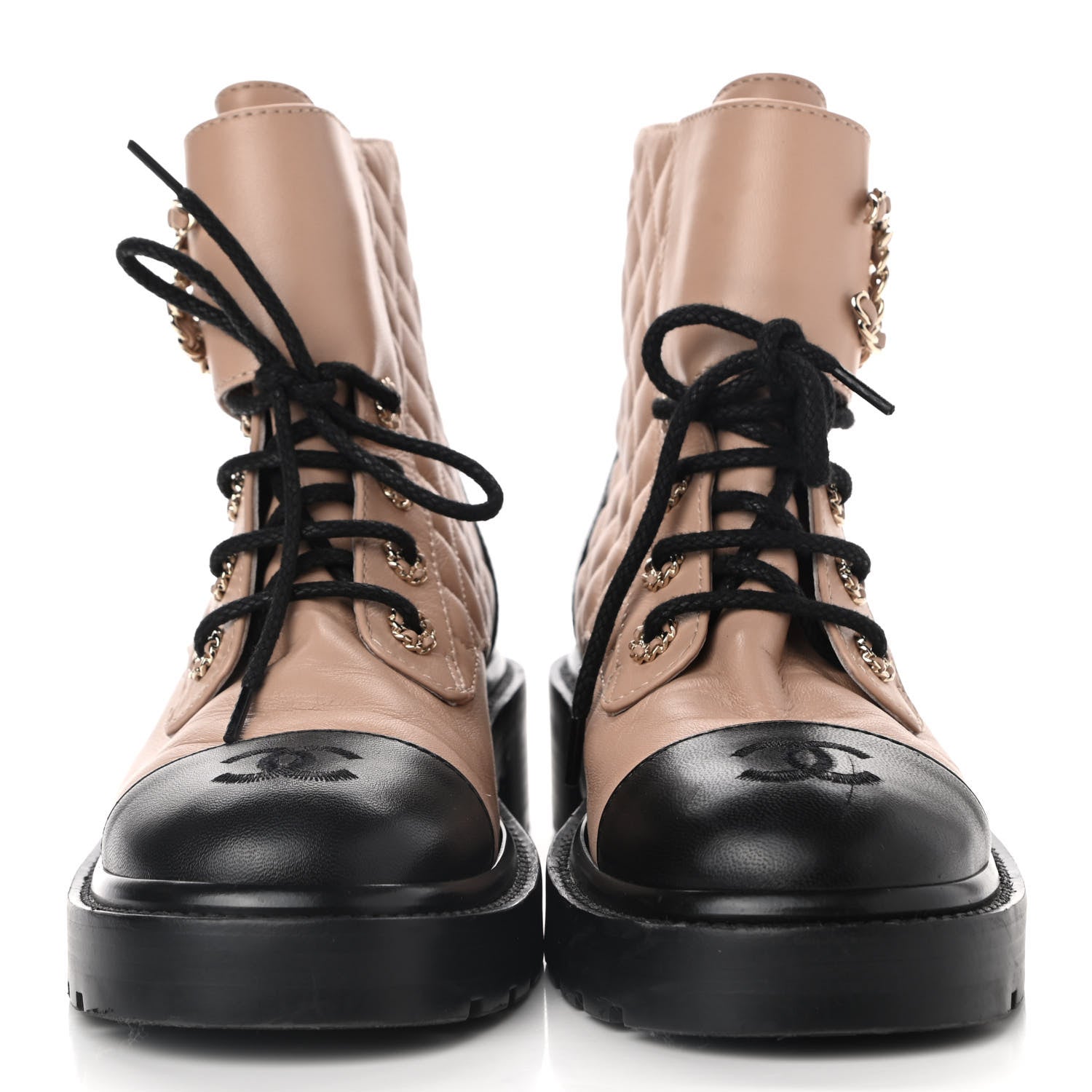 Chanel Shiny Lambskin Quilted Lace Up Combat Boots 38 Beige Black 2 of 10