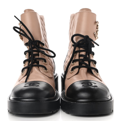 Chanel Shiny Lambskin Quilted Lace Up Combat Boots 38 Beige Black 2 of 10