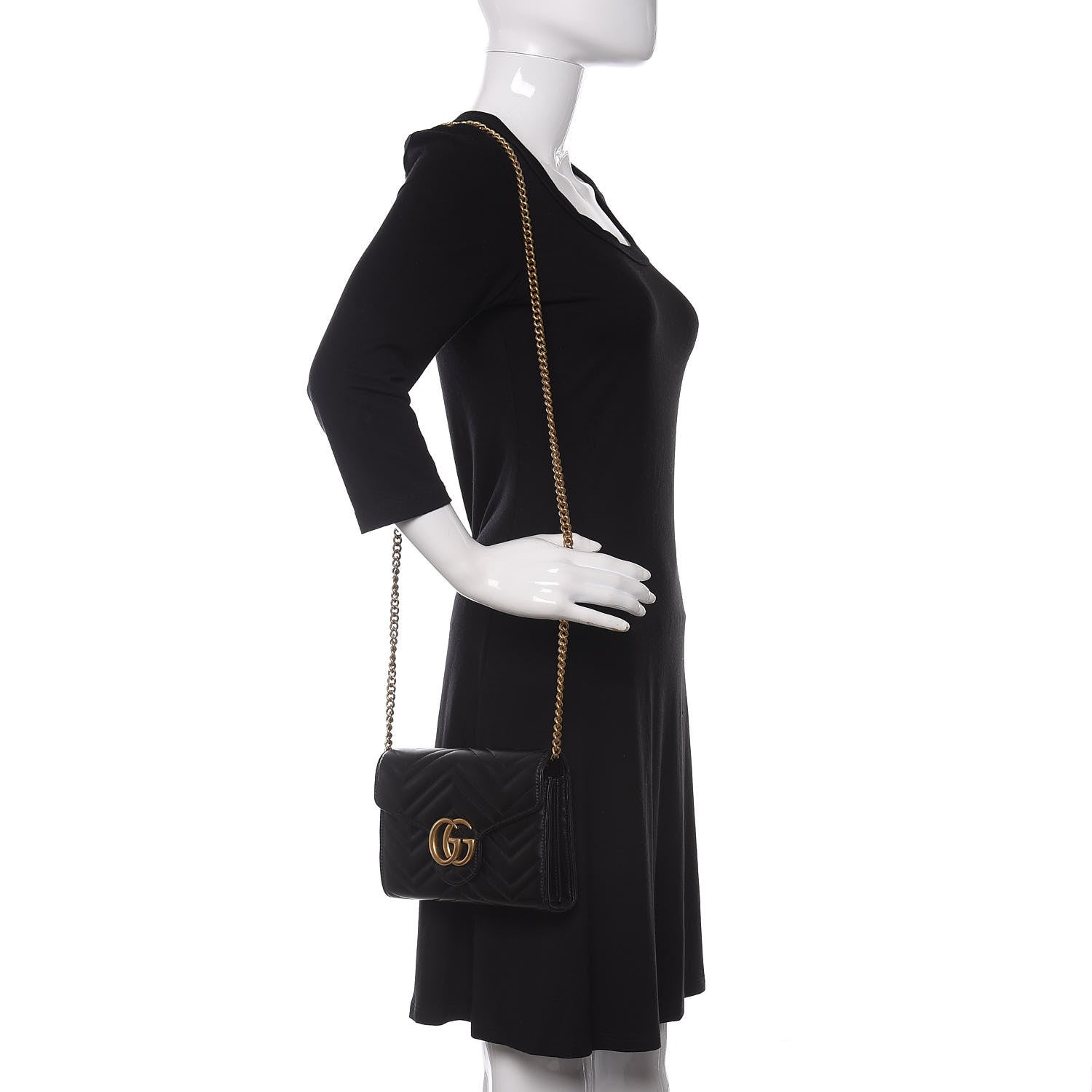 Gucci Calfskin Matelasse GG Marmont Chain Wallet Black 2 of 15