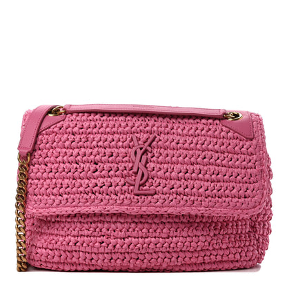 Saint Laurent Raffia Calfskin Monogram Medium Niki Chain Satchel Bright Pink 1 of 4