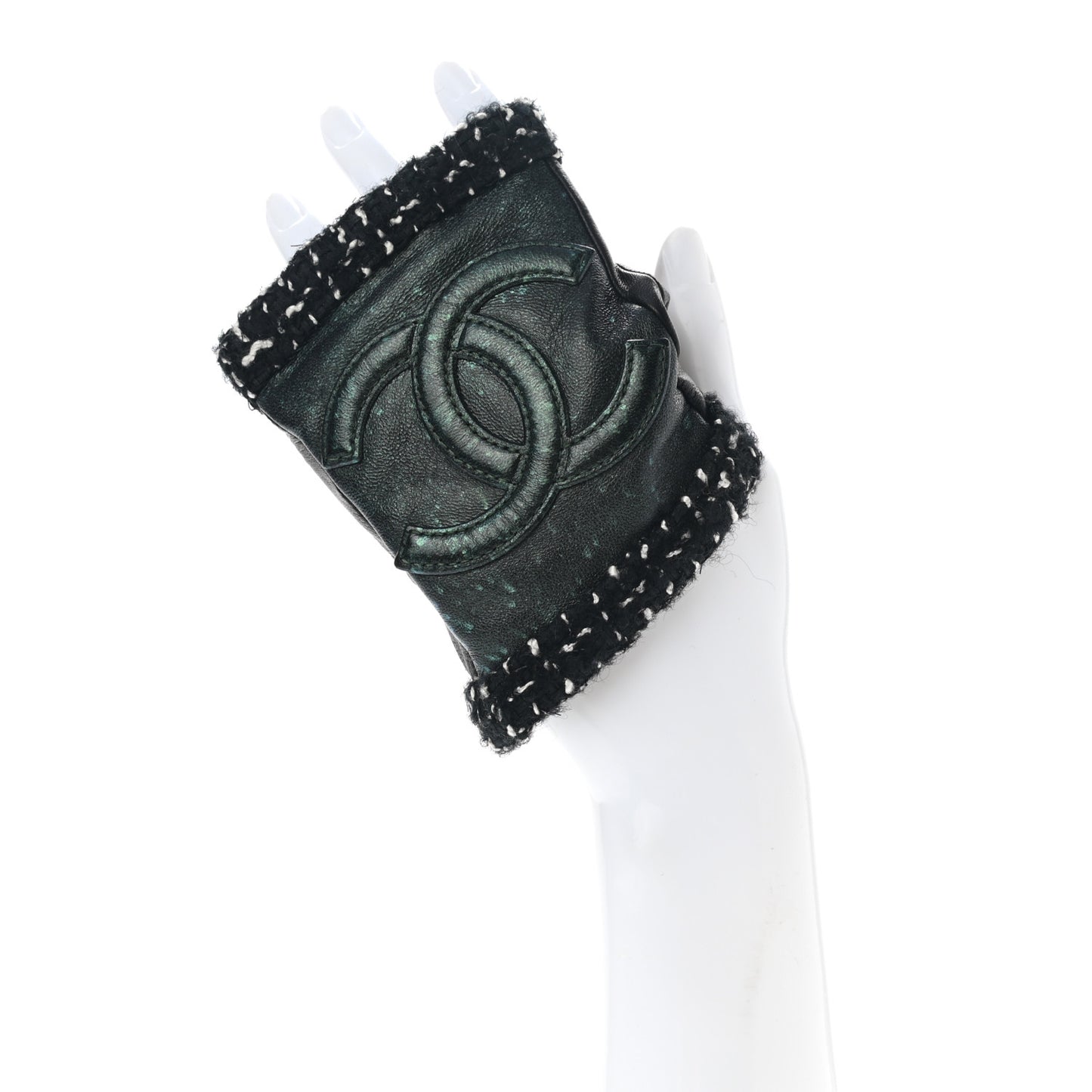 Metallic Lambskin Tweed CC Fingerless Gloves 6.5 Black Green