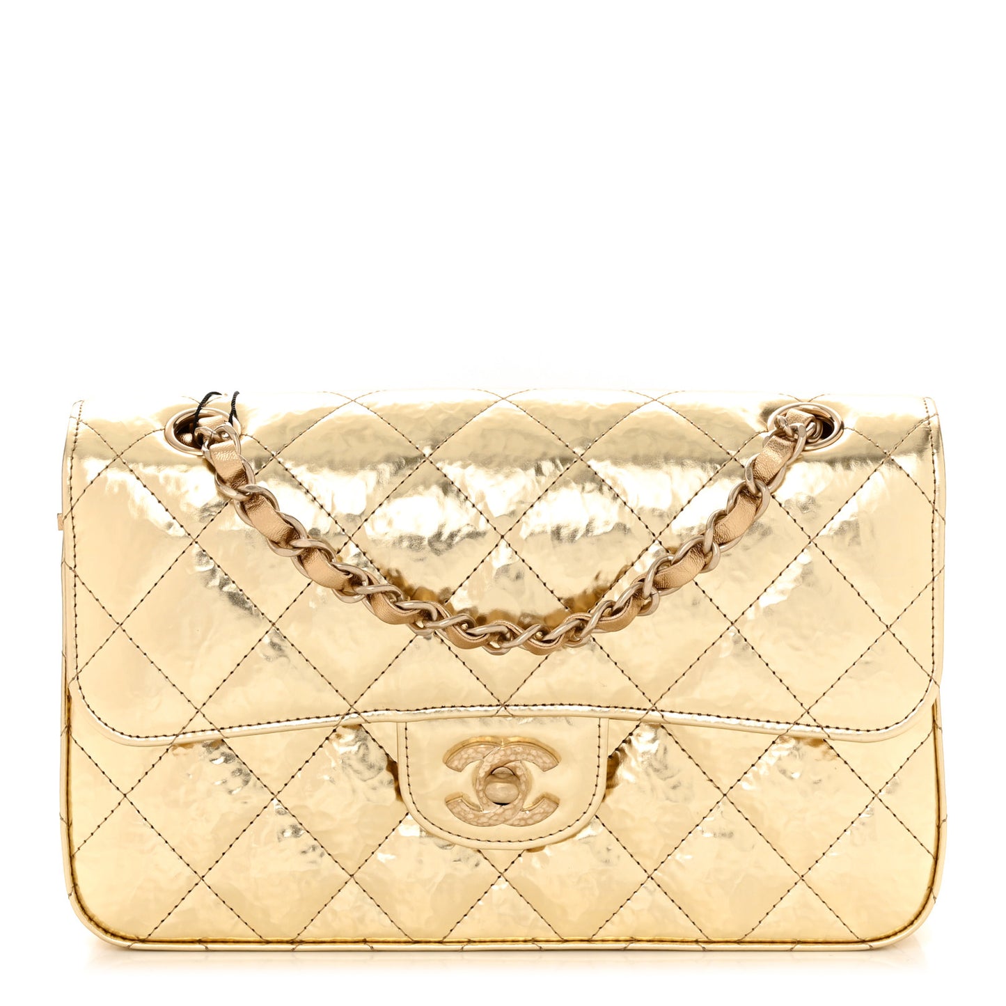 Hammered Metallic Calfskin Quilted Small Double Flap Gold