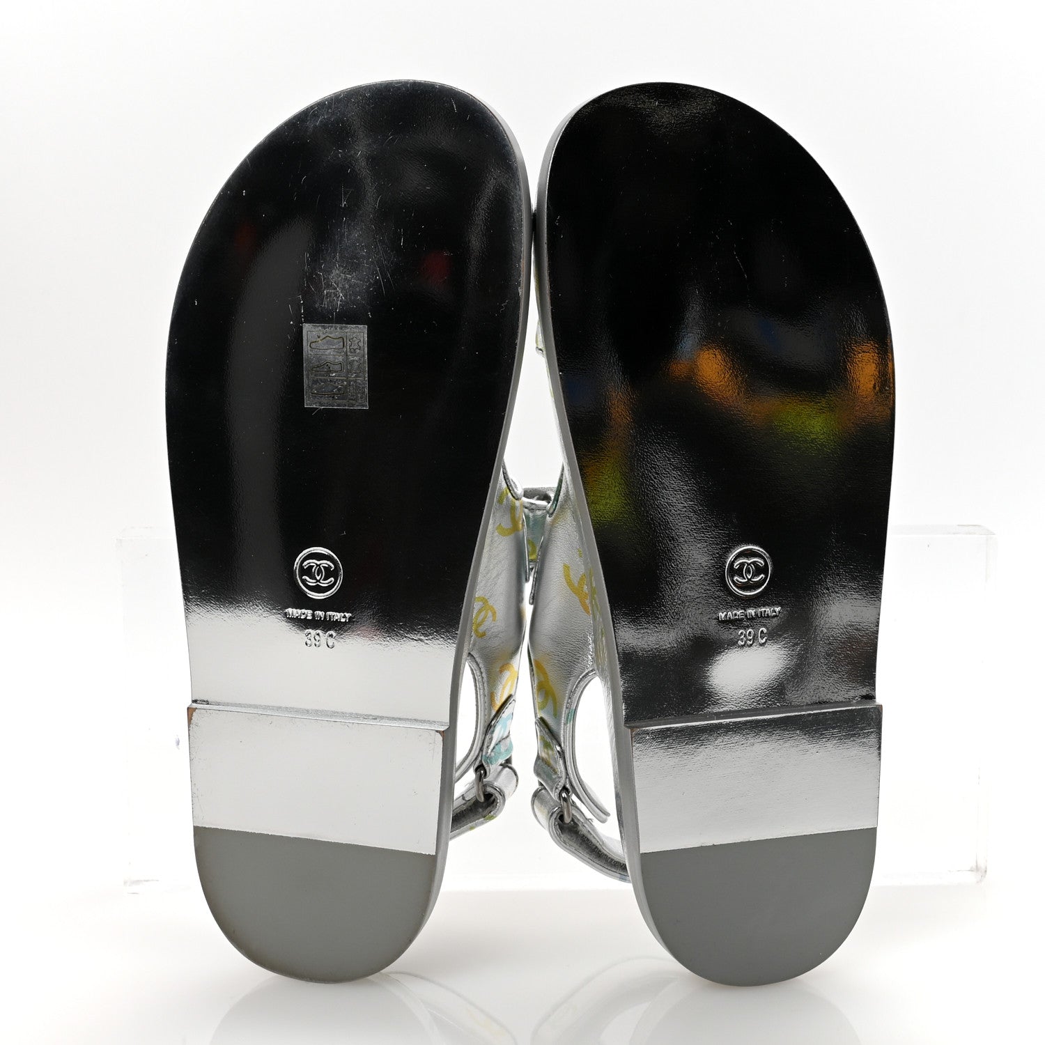 Chanel Laminated Lambskin Printed CC Dad Sandals 39 Silver Multicolor 6 of 9