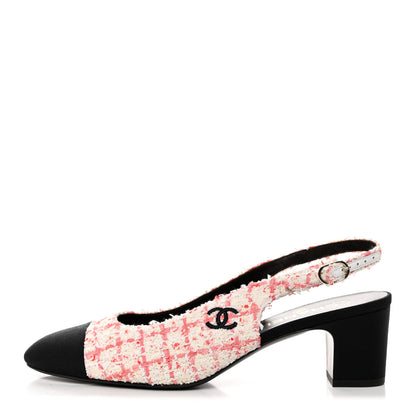 Chanel Glittered Tweed Grosgrain Cap Toe Slingback Pumps 40.5 Ecru Pink Red Black 1 of 9