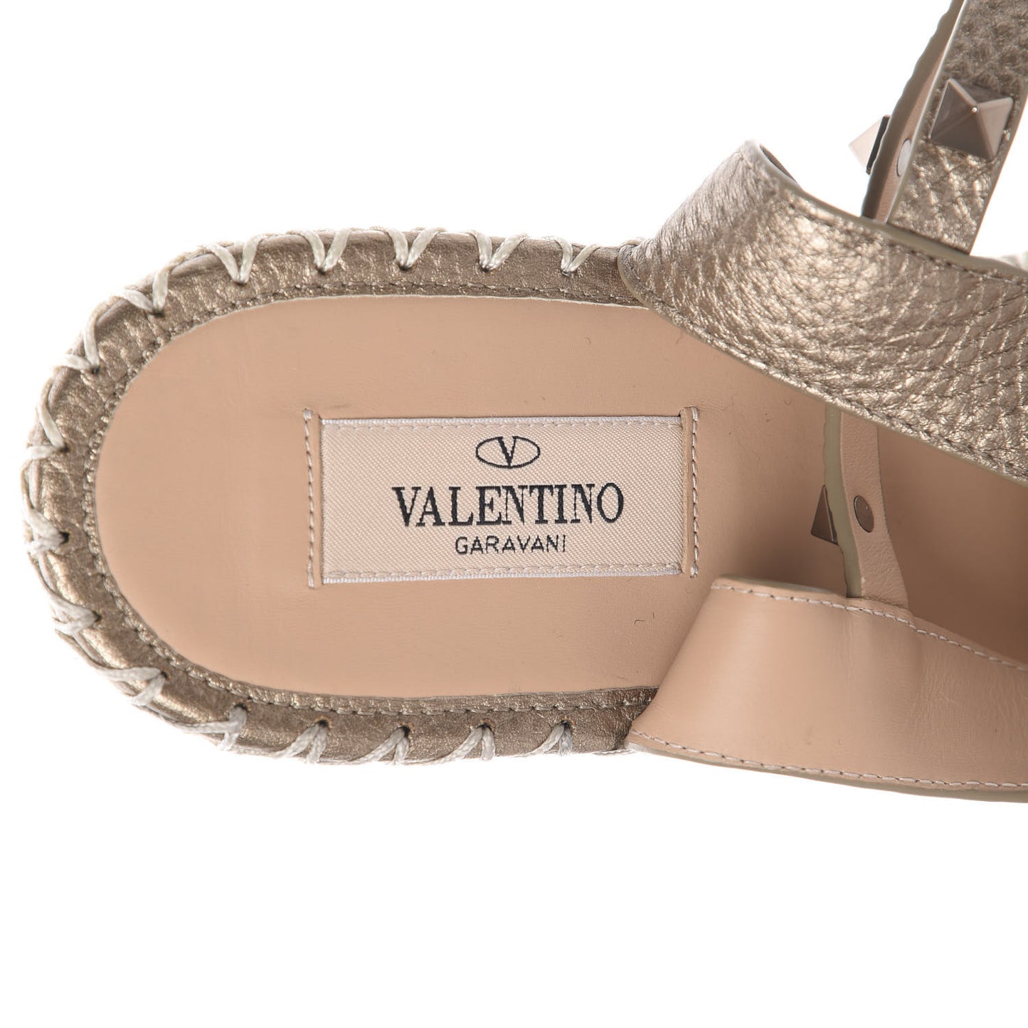 Metallic Grained Calfskin Rockstud Crisscross Ankle Strap Espadrille Wedge Sandals 41 Skin Natural