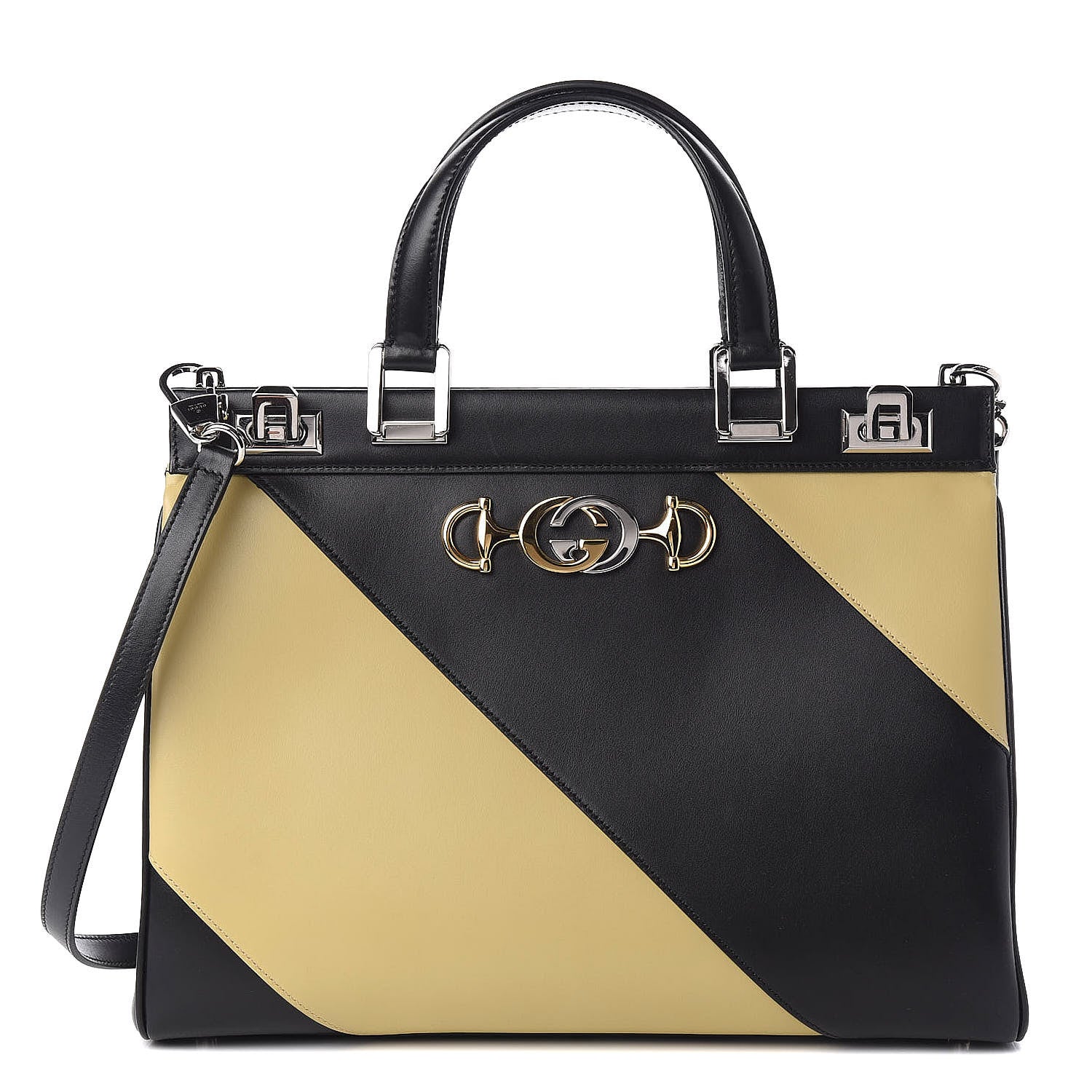 Gucci Smooth Calfskin Diagonal Striped Medium Zumi Top Handle Bag Black Beige 1 of 10