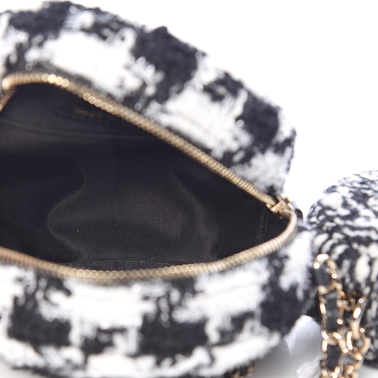 Tweed Shearling Round Clutch With Chain and Coin Purse Black and White