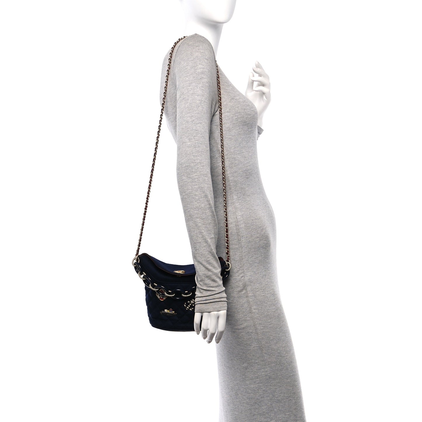 Wool Lambskin Quilted Paris Hamburg Charms Bucket Bag Dark Navy