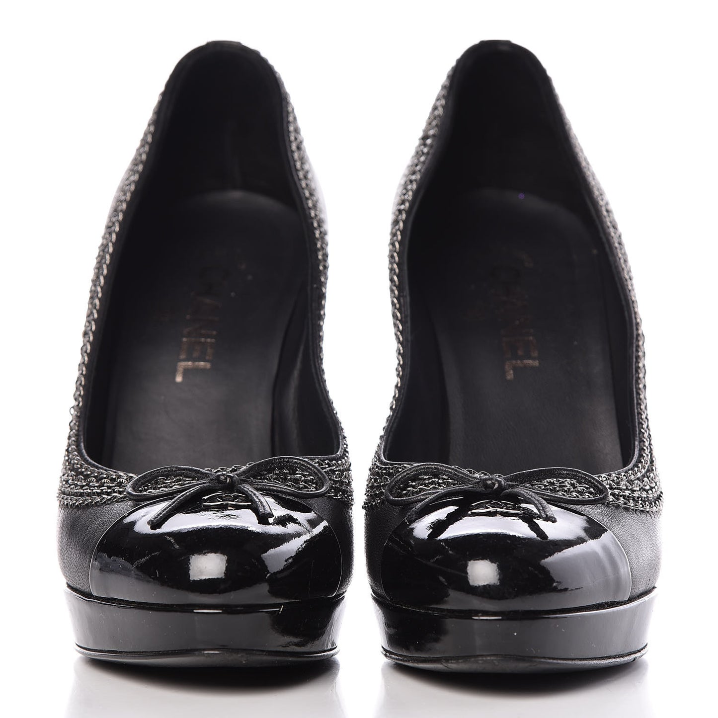 Lambskin Patent Cap Toe CC Chain Pumps 38 Black