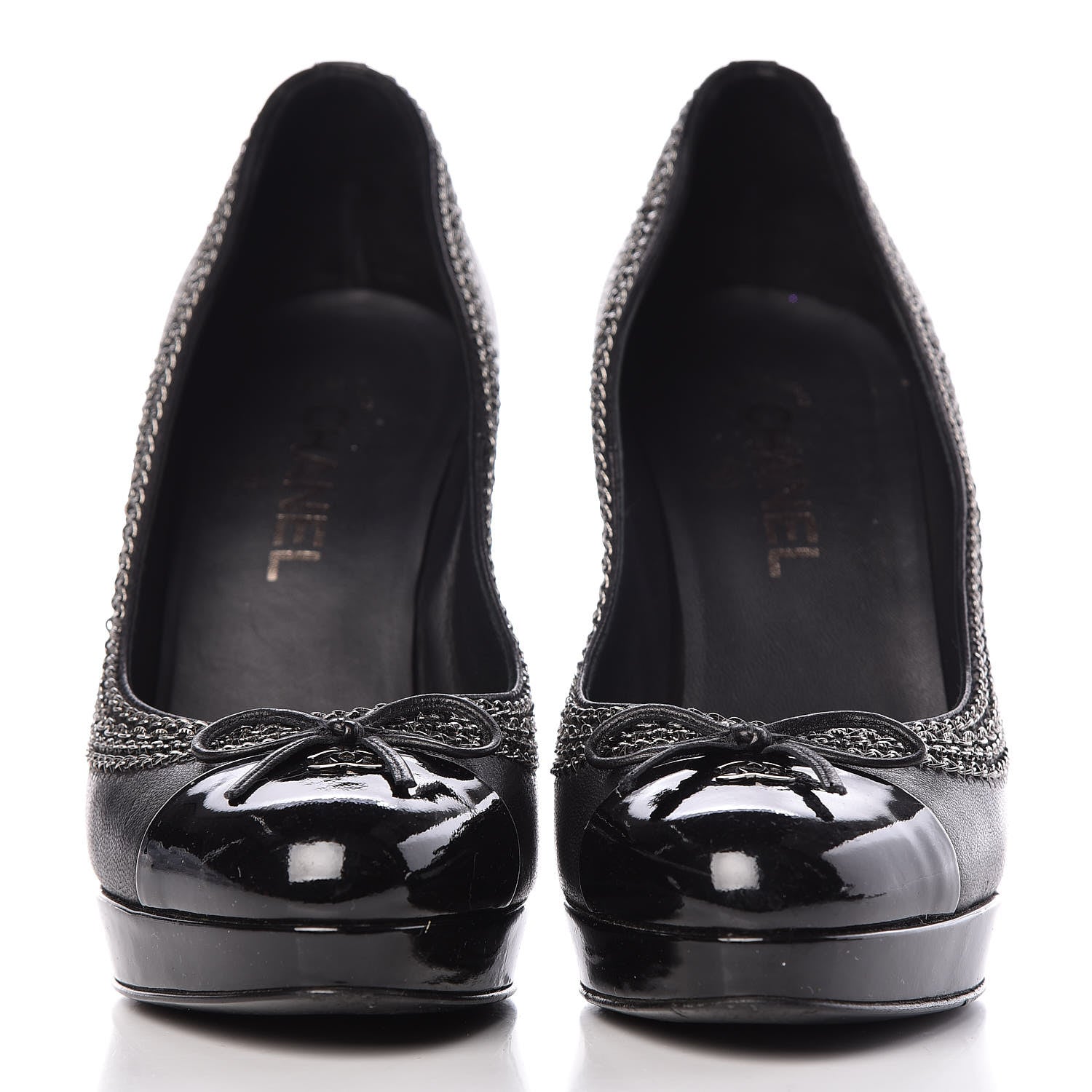 Chanel Lambskin Patent Cap Toe CC Chain Pumps 38 Black 2 of 16