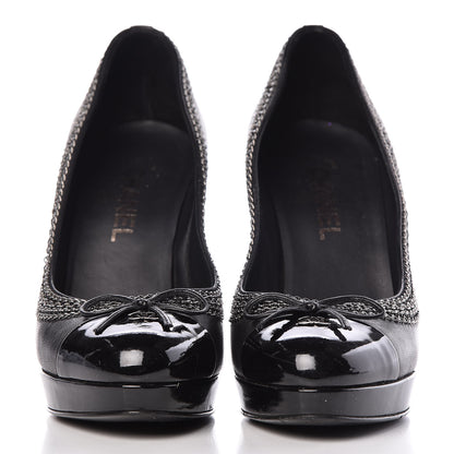Chanel Lambskin Patent Cap Toe CC Chain Pumps 38 Black 2 of 16