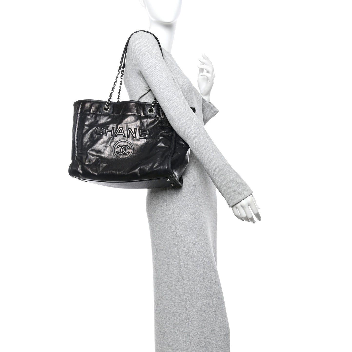 Glazed Calfskin Small Deauville Tote Black