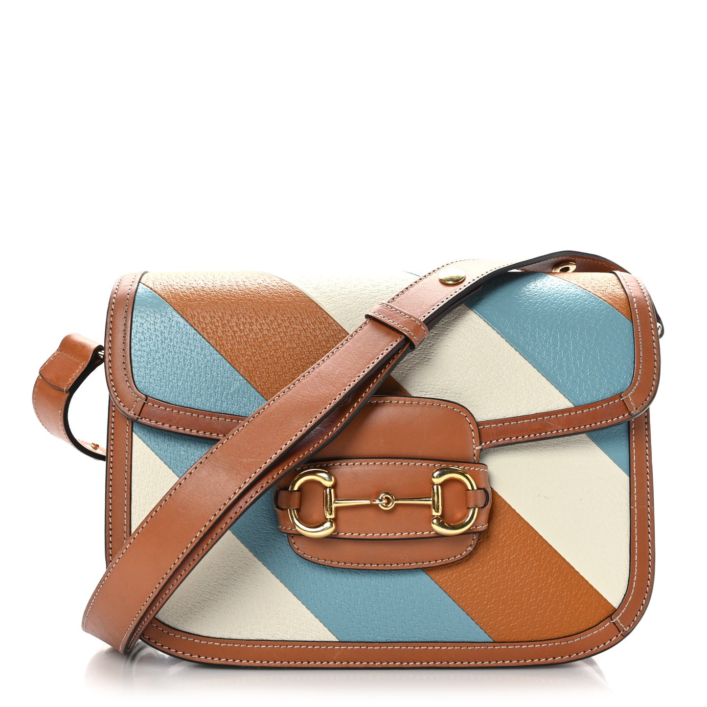 X DANS LE VERT Textured Dollar Calfskin Horsebit 1955 Shoulder Bag Dusty Azure Harness Brown Mystic White