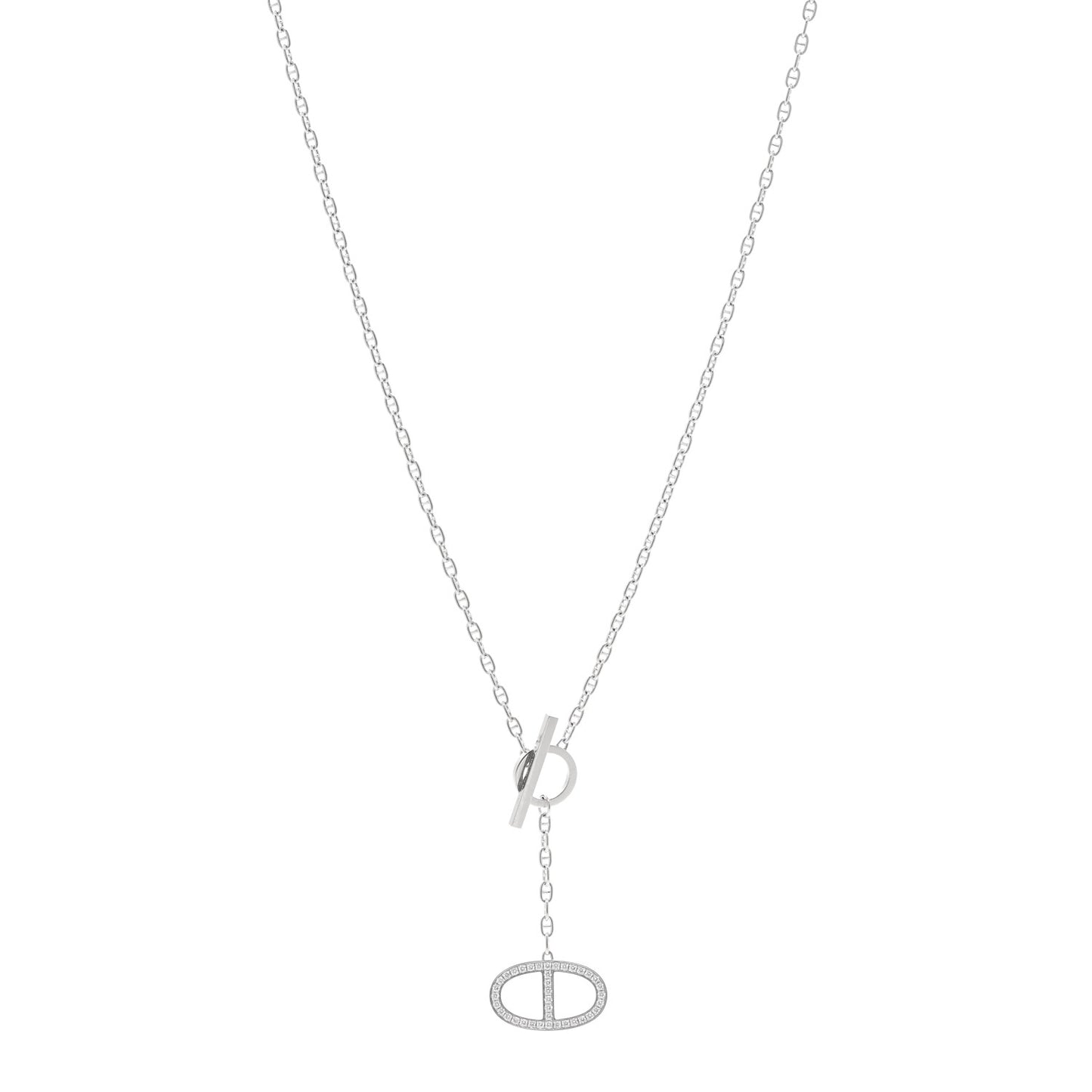 18K White Gold Diamond GM Chaine D'Ancre Contour Pendant Necklace ST