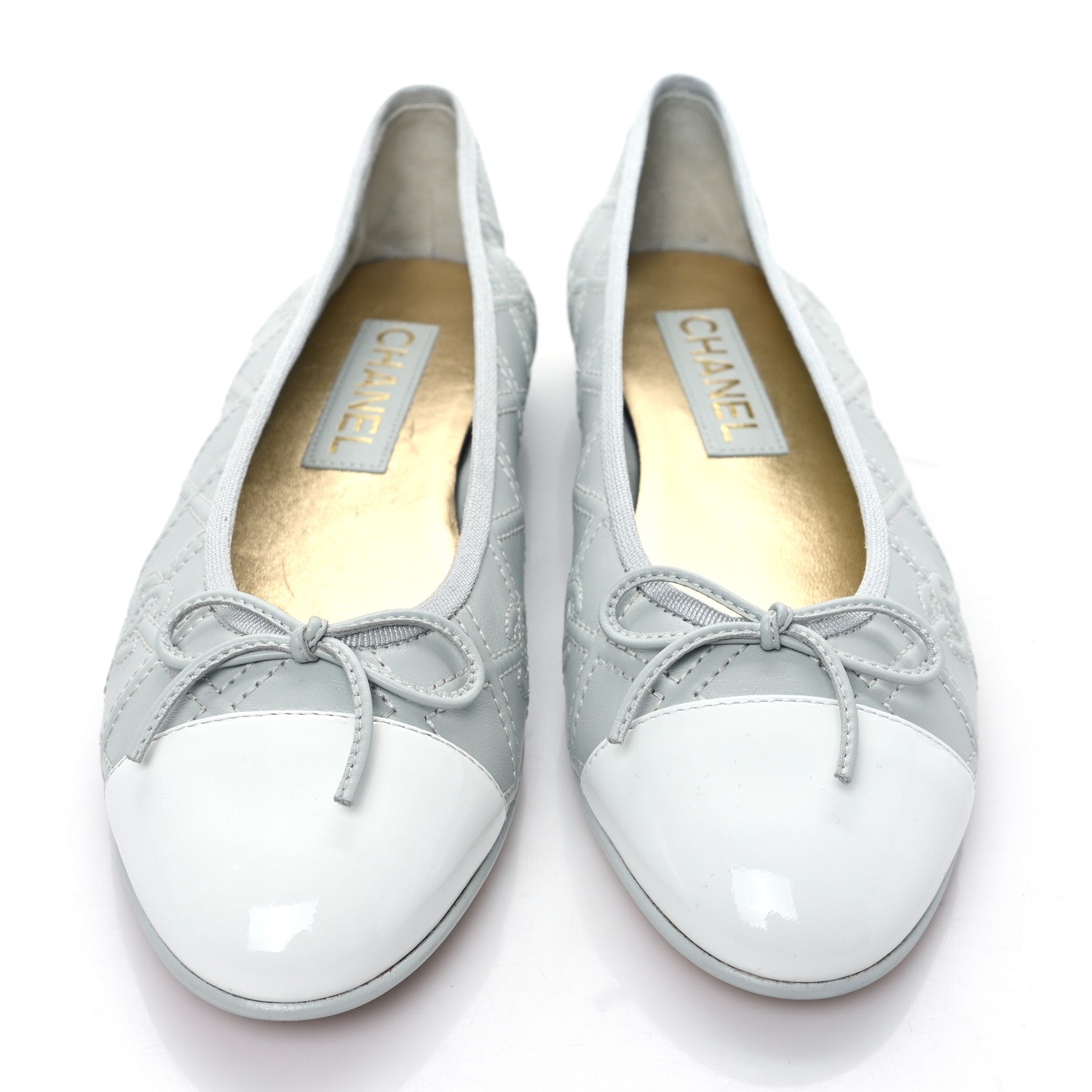 Chanel Lambskin Patent Double Stitched CC Cap Toe Ballerina Flats 38.5 Light Blue White 2 of 8
