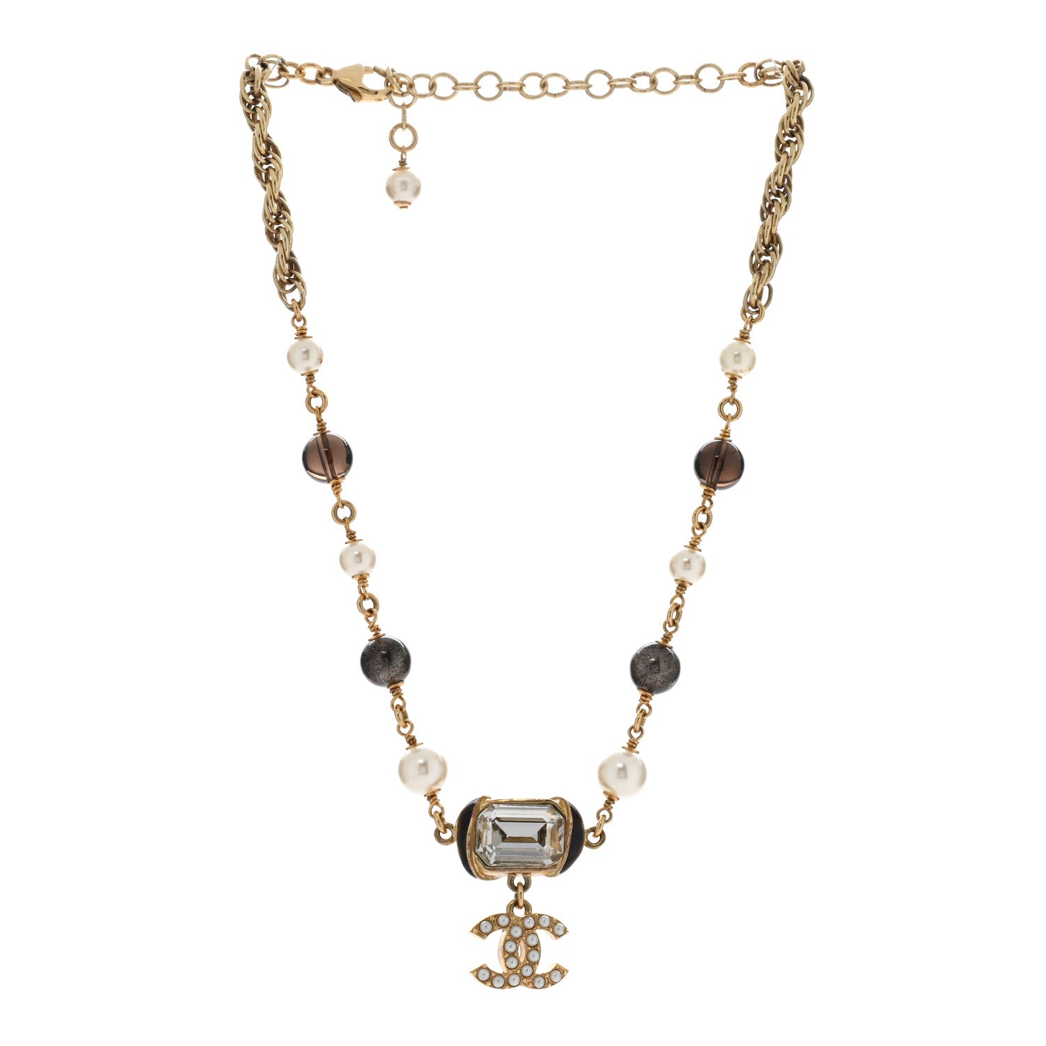 Chanel Graduated Pearl Crystal CC Short Necklace Gold Black Grey 3 of 5