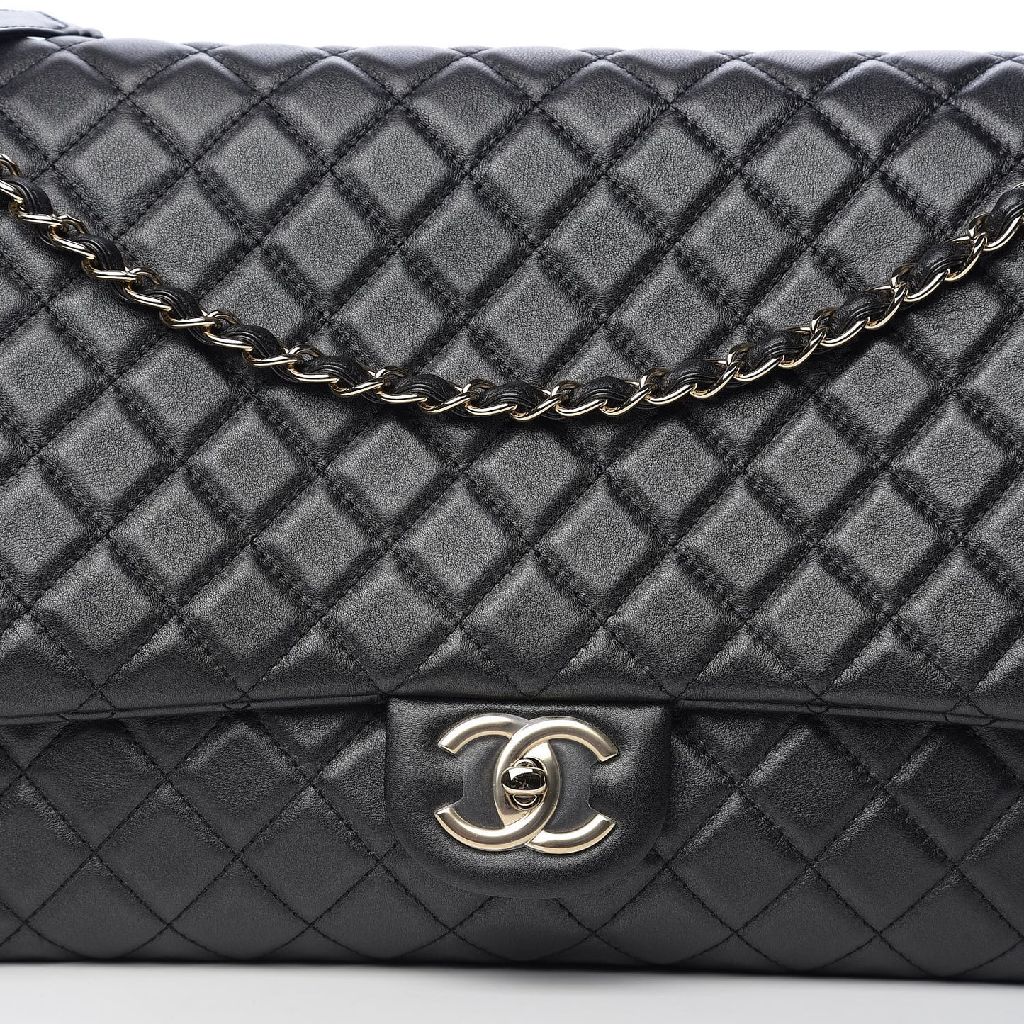 Calfskin Quilted XXL Travel Flap Bag Black